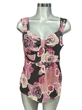Y2K Notations Black Pink Floral Sweetheart Tank Top Eclectic Sz Medium Bohemian